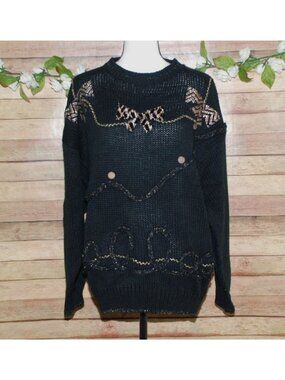 VTG Unique Extra Touch Black & Gold Knit Sweater Size 20W Dangle Coins Bows